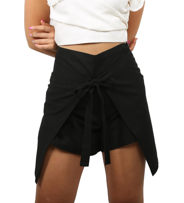 Get Comfy Linen Wrap Shorts - Charcoal Black