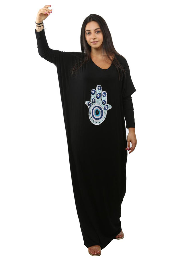 Stitched Fatima's Hand  Black Kaftan