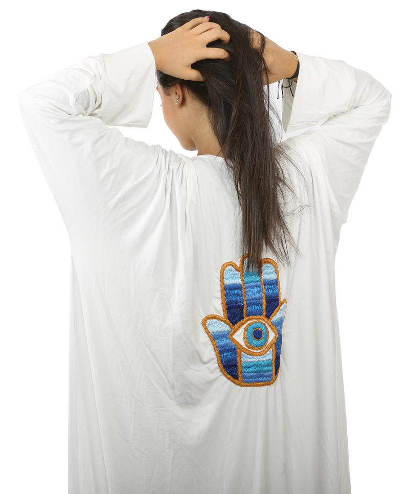 Embroidered Fatima's Hand White Kaftan